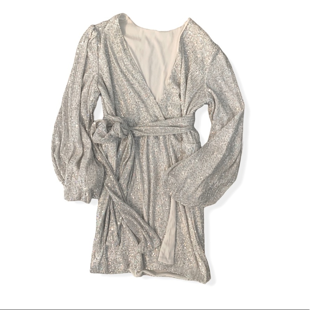 sequin wrap dress with tie belt